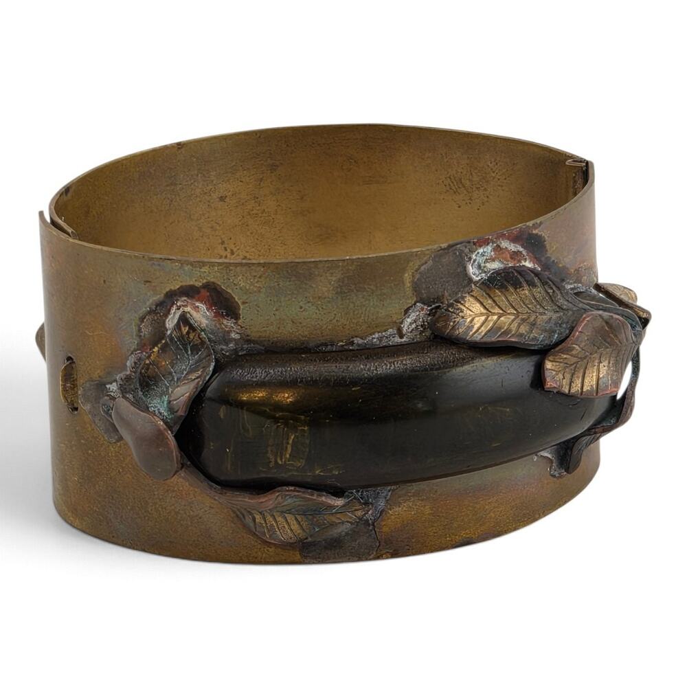 Vintage 1940s 1950s Bakelite Brass Copper Hinged Cuff Bracelet Artisan Leaves